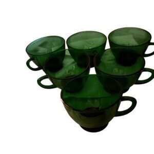 Anchor Hocking Vintage Green Glass Punch Bowl Glasses In Box